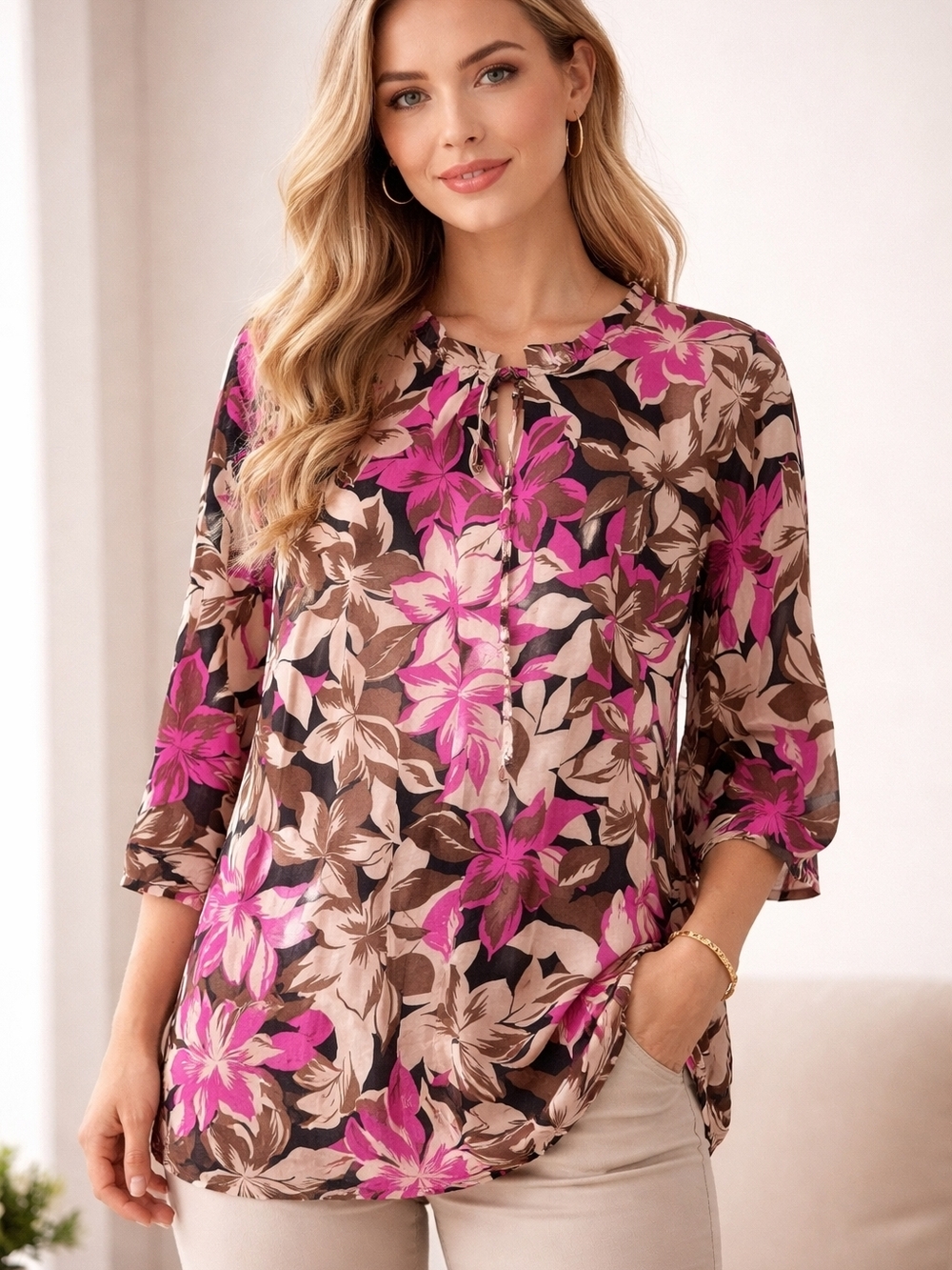 Kaffe Curve Floral Blouse Size 44 | Pink Brown Beige Sheer Lightweight Tie Neck